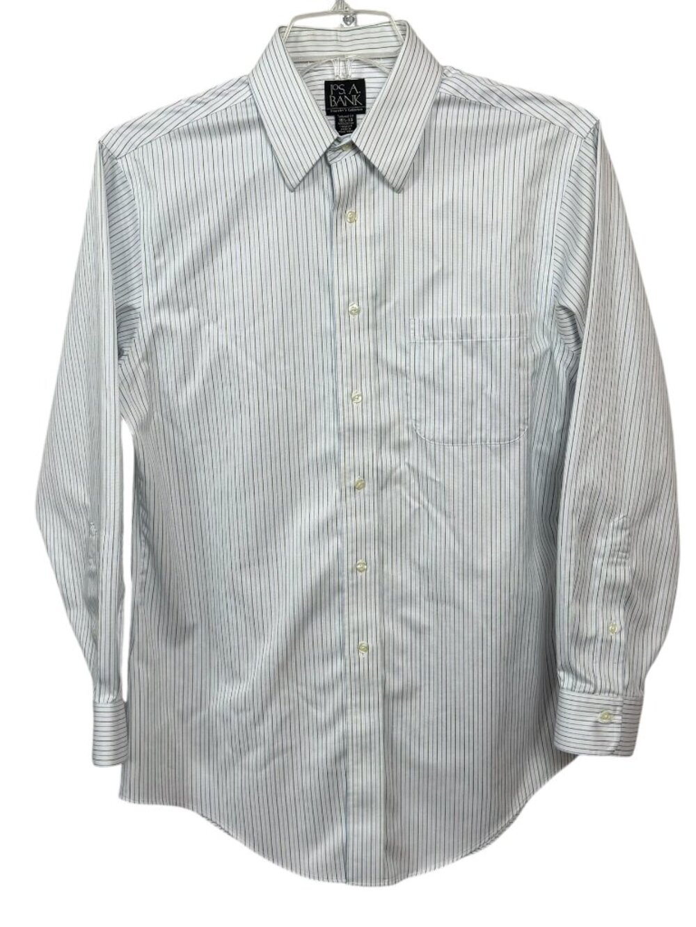 Jos A. Bank Traveler Version Men's Dress Shir 15.5/33 Green Blue Pinstripe